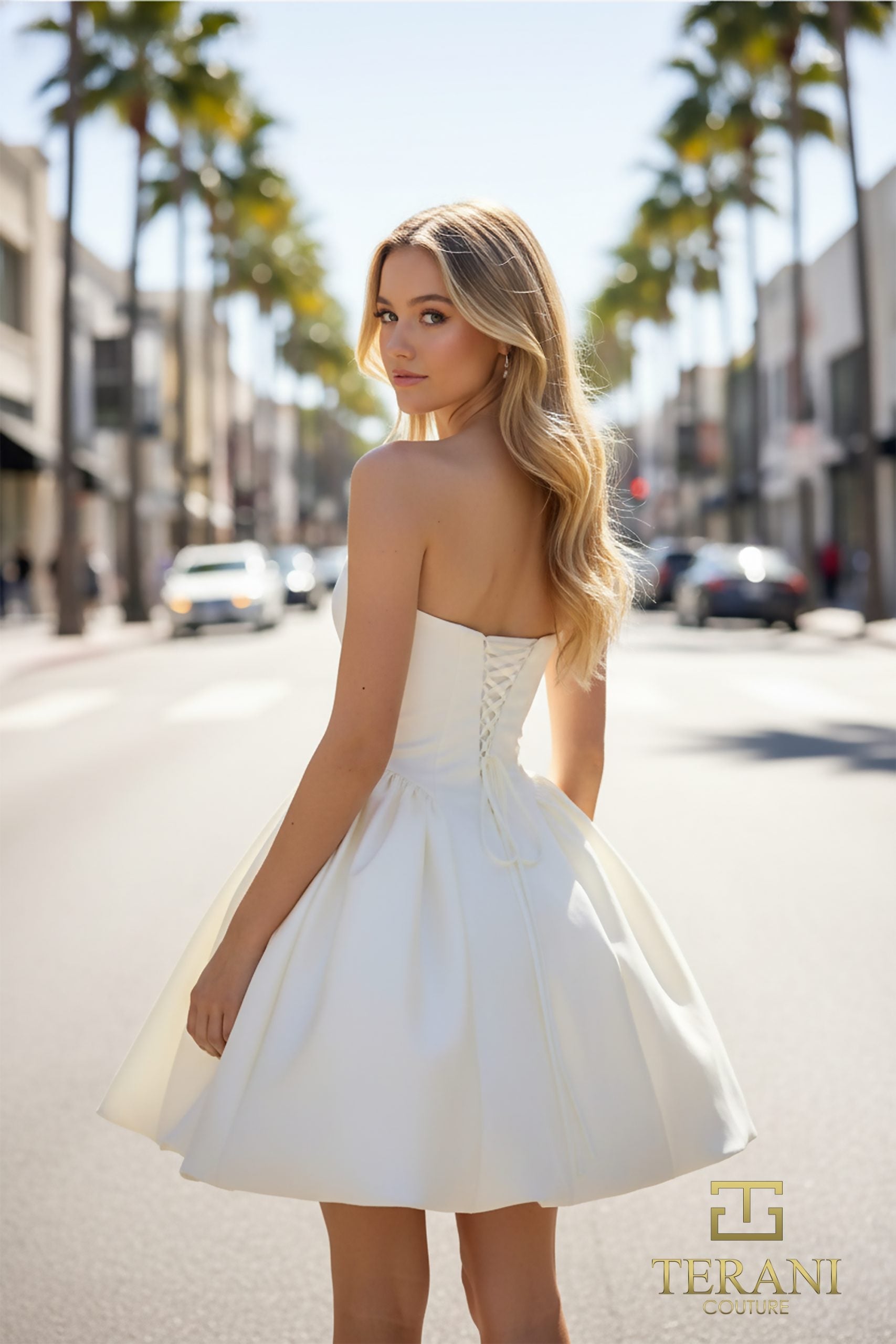 Terani Couture 261P6176 - Strapless Satin Short Cocktail Dress - detail view
