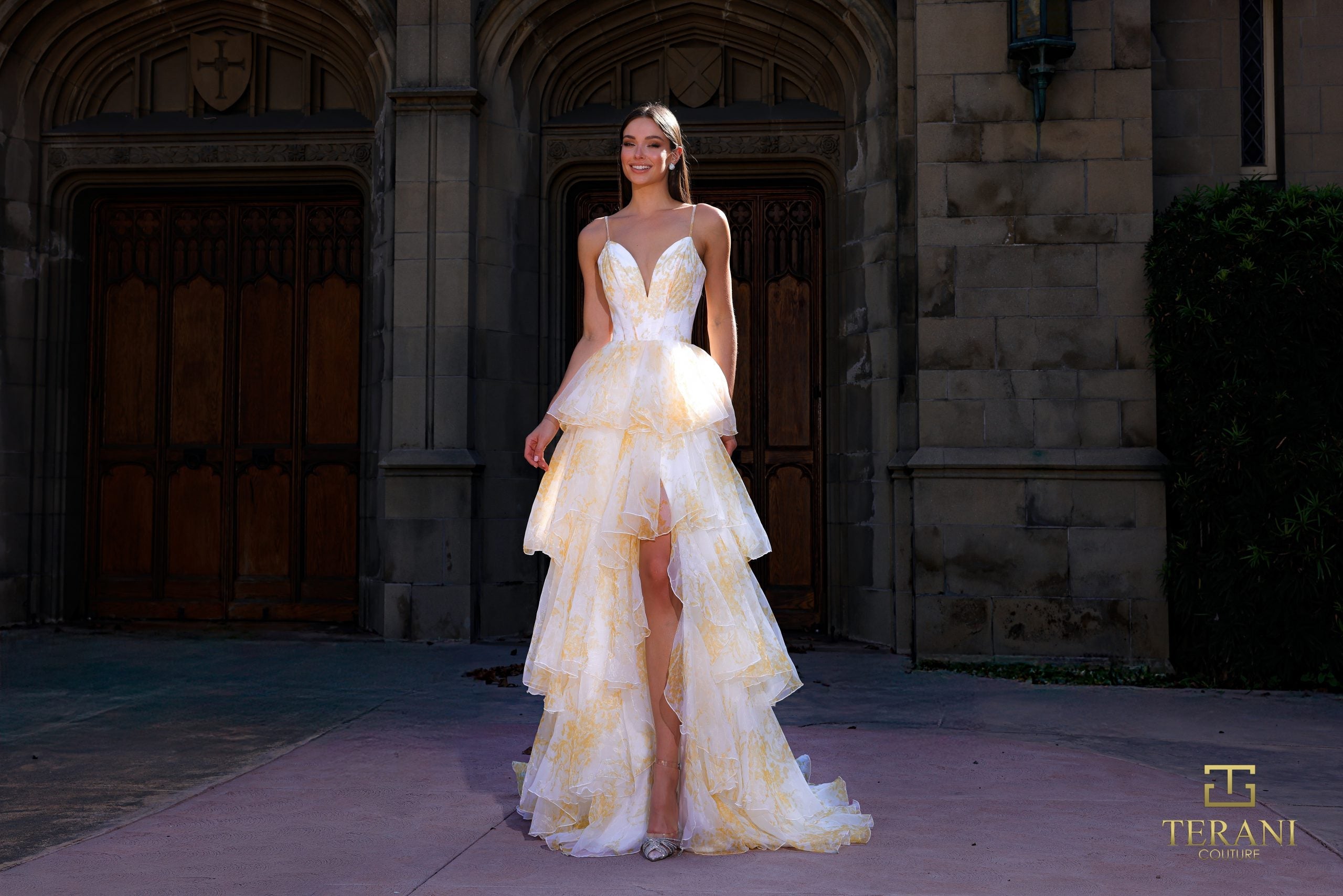 Terani Couture 261P6673 - Print Chiffon Sleeveless Tiered Gown - back view