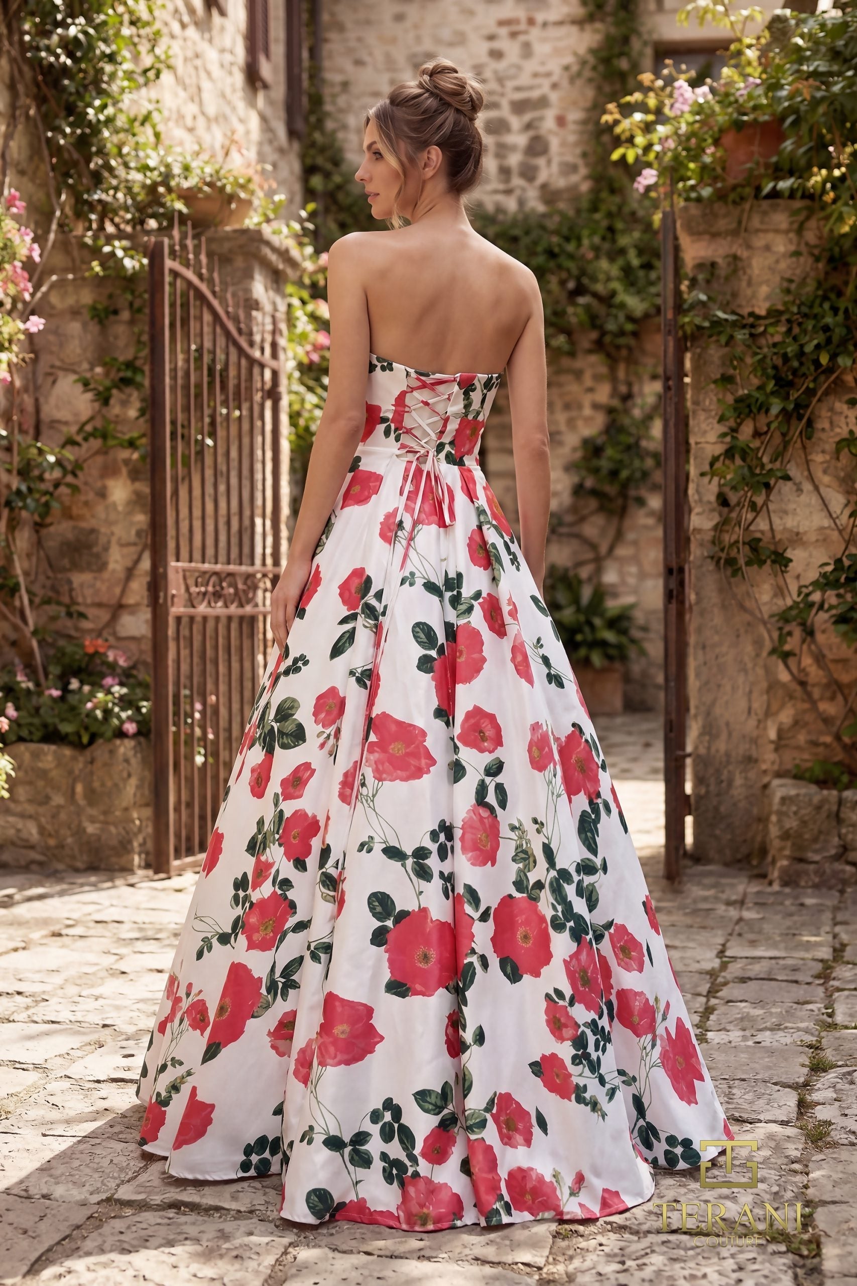 Terani Couture 261P6705 - Box Pleated Skirt Printed Satin Gown - view 5