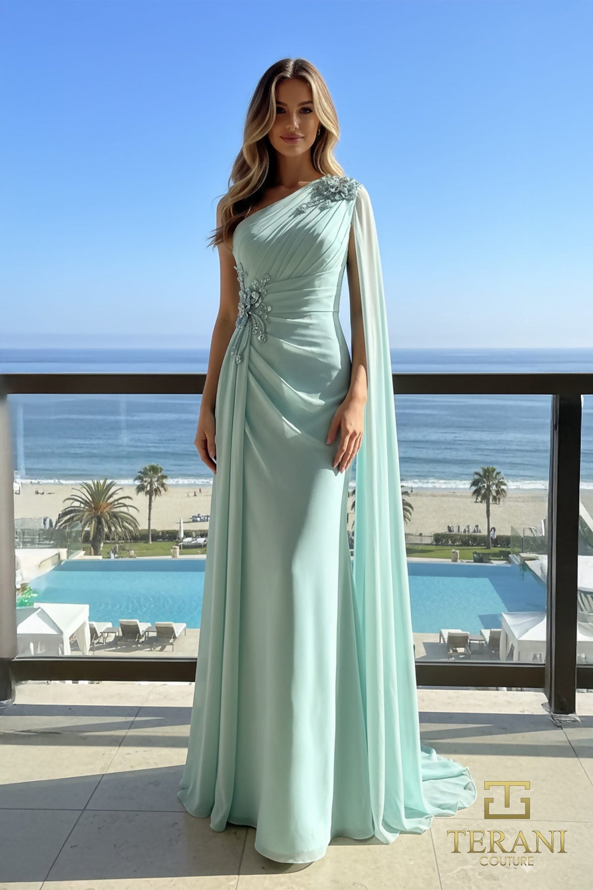 Terani Couture 261E6205 - One Shoulder Chiffon Cape Gown - designer mother of the bride dress at Silhouette Dresses