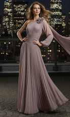Terani Couture 261E6206 - One Shoulder Pleated Chiffon Cape Dress - designer mother of the bride dress at Silhouette Dresses