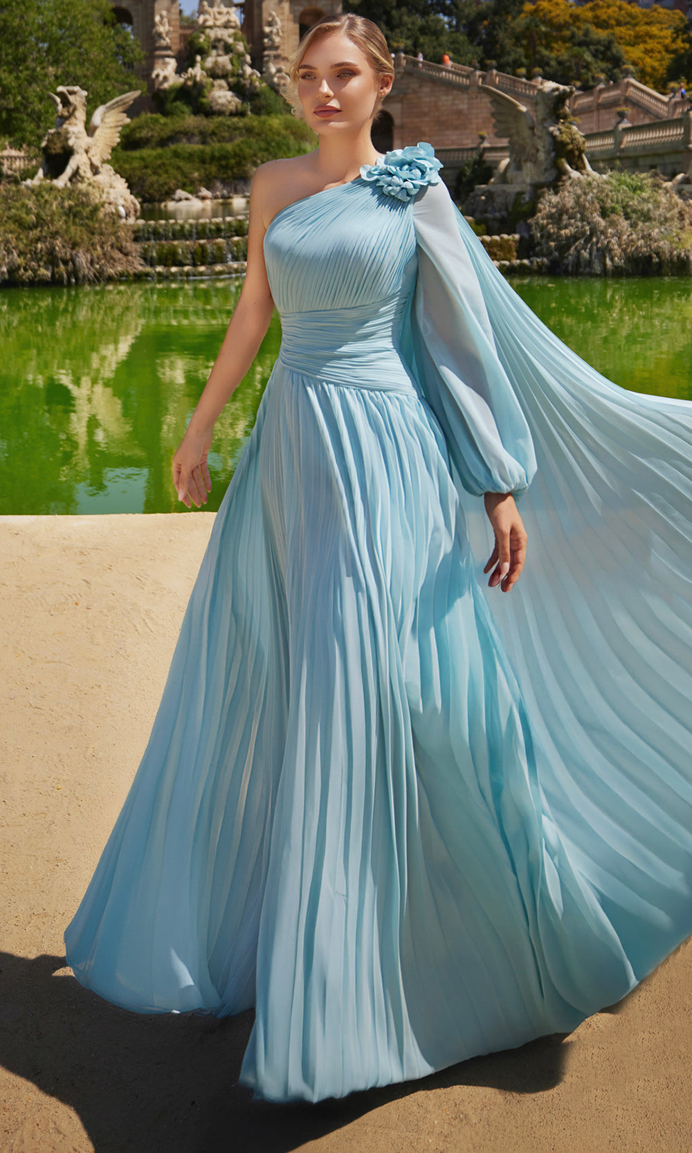 Terani Couture 261E6206 - One Shoulder Pleated Chiffon Cape Dress - view 4