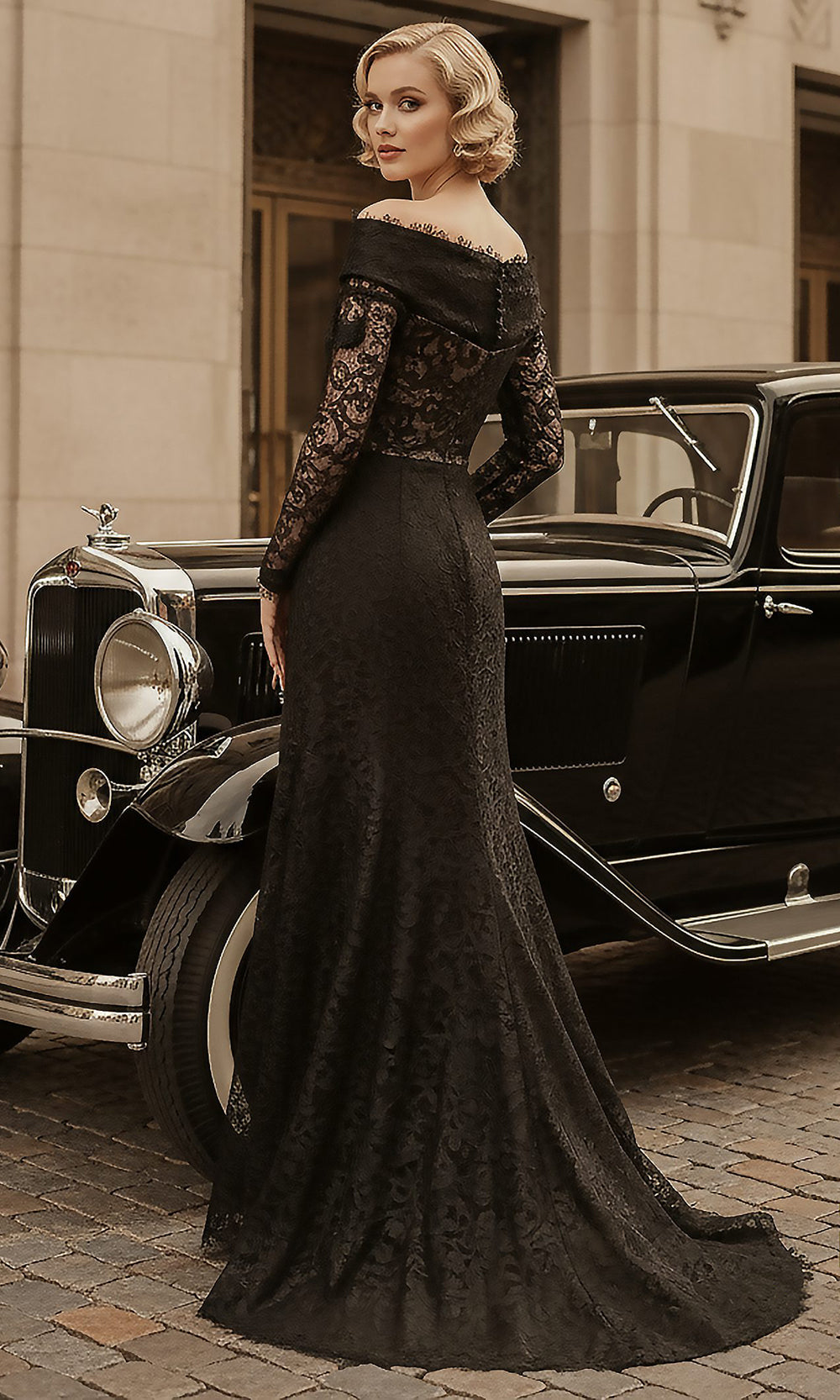 Terani Couture 261E6208 - Dramatic Off Shoulder Lace Evening Gown - detail view