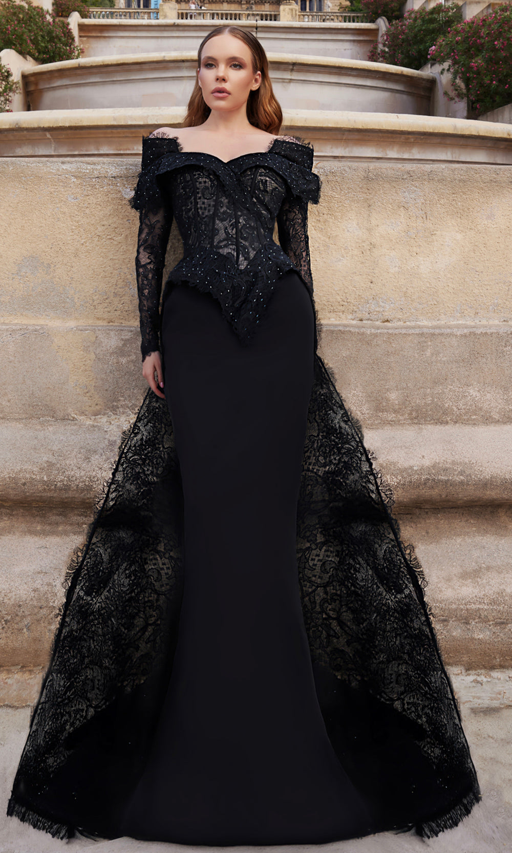 Terani Couture 261E6208 - Dramatic Off Shoulder Lace Evening Gown - designer mother of the bride dress at Silhouette Dresses