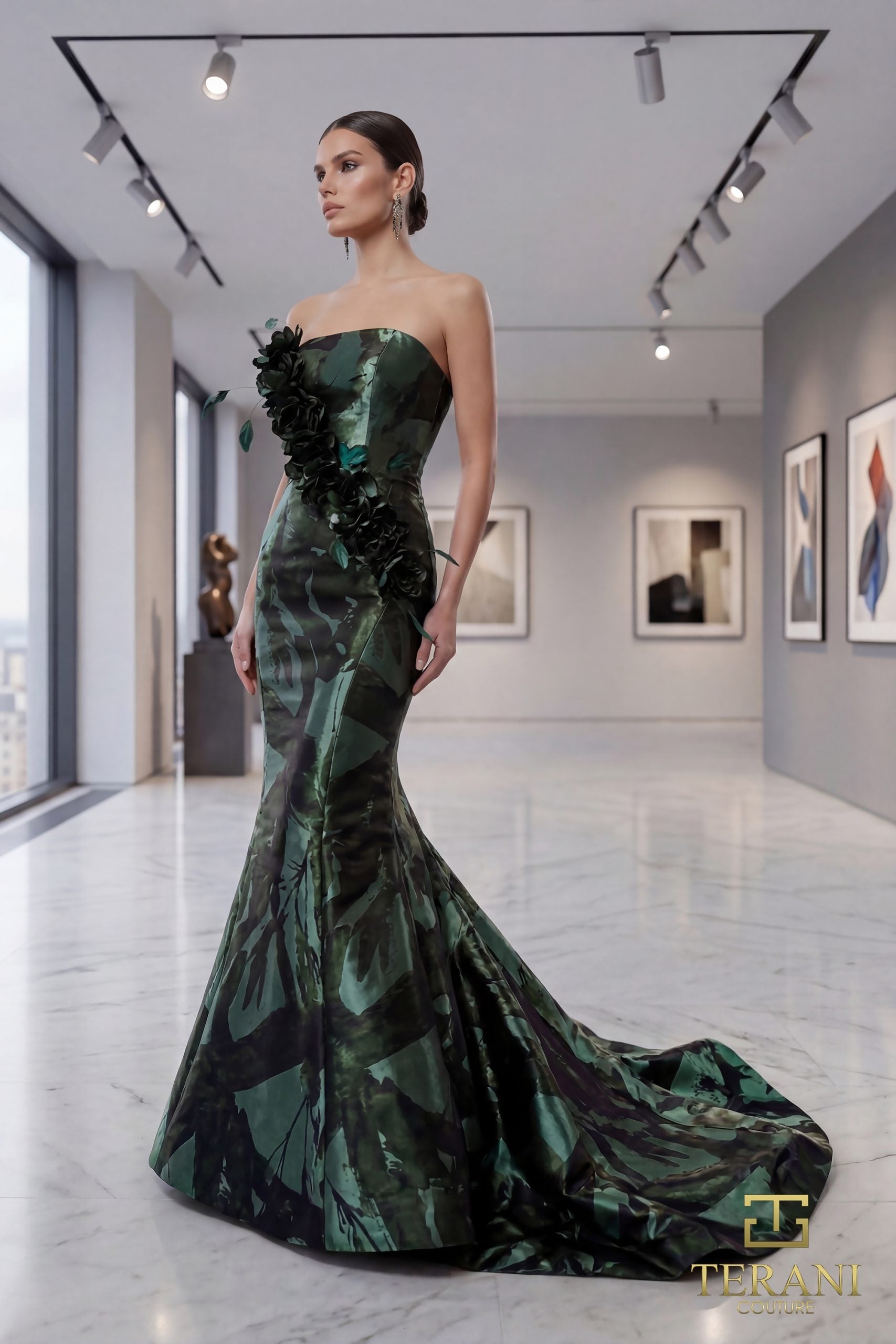 Terani Couture 261E6259 - Straight Neckline Shimmer Jacquard Gown - back view