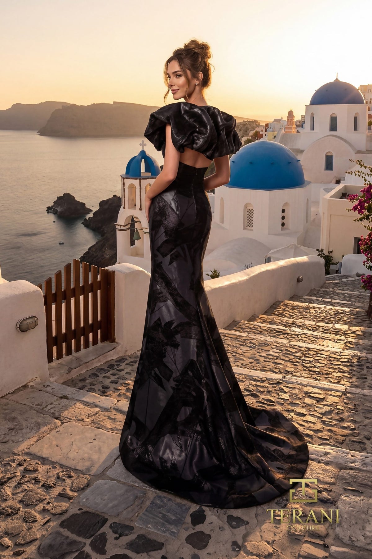 Terani Couture 261E6268 - Textured Jacquard Puff Sleeve Evening Gown - detail view