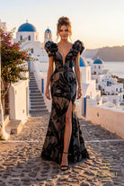 Terani Couture 261E6268 - Textured Jacquard Puff Sleeve Evening Gown - designer mother of the bride dress at Silhouette Dress