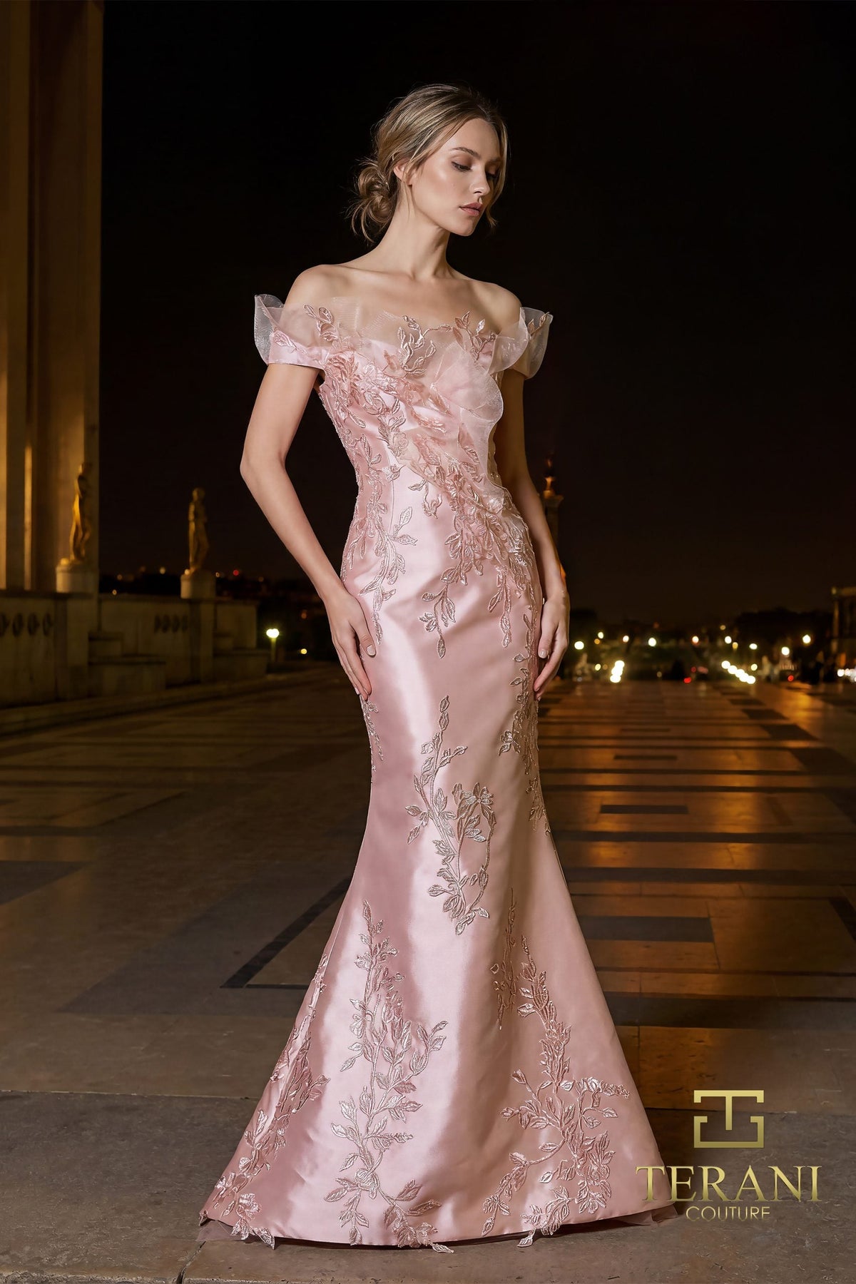 Terani Couture 261E6270 - Leaf Embroidered Off Shoulder Gown - designer mother of the bride dress at Silhouette Dresses