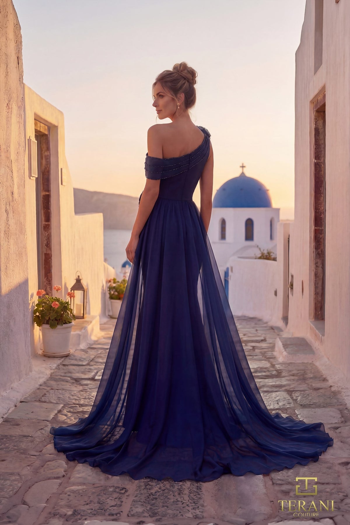 Terani Couture 261E6432 - 3D Floral Asymmetric Neck Overskirt Gown - detail view