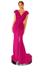 Terani Couture 261E6721 - V-Neckline Ruched Crepe Evening Gown - back view