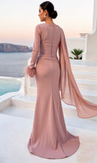 Terani Couture 261M6403 - Feather Cuff V-Neck Chiffon Evening Dress - back view