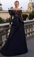 Terani Couture 261M6410 - Feather Accent Illusion Long Sleeve Gown - designer mother of the bride dress at Silhouette Dresses
