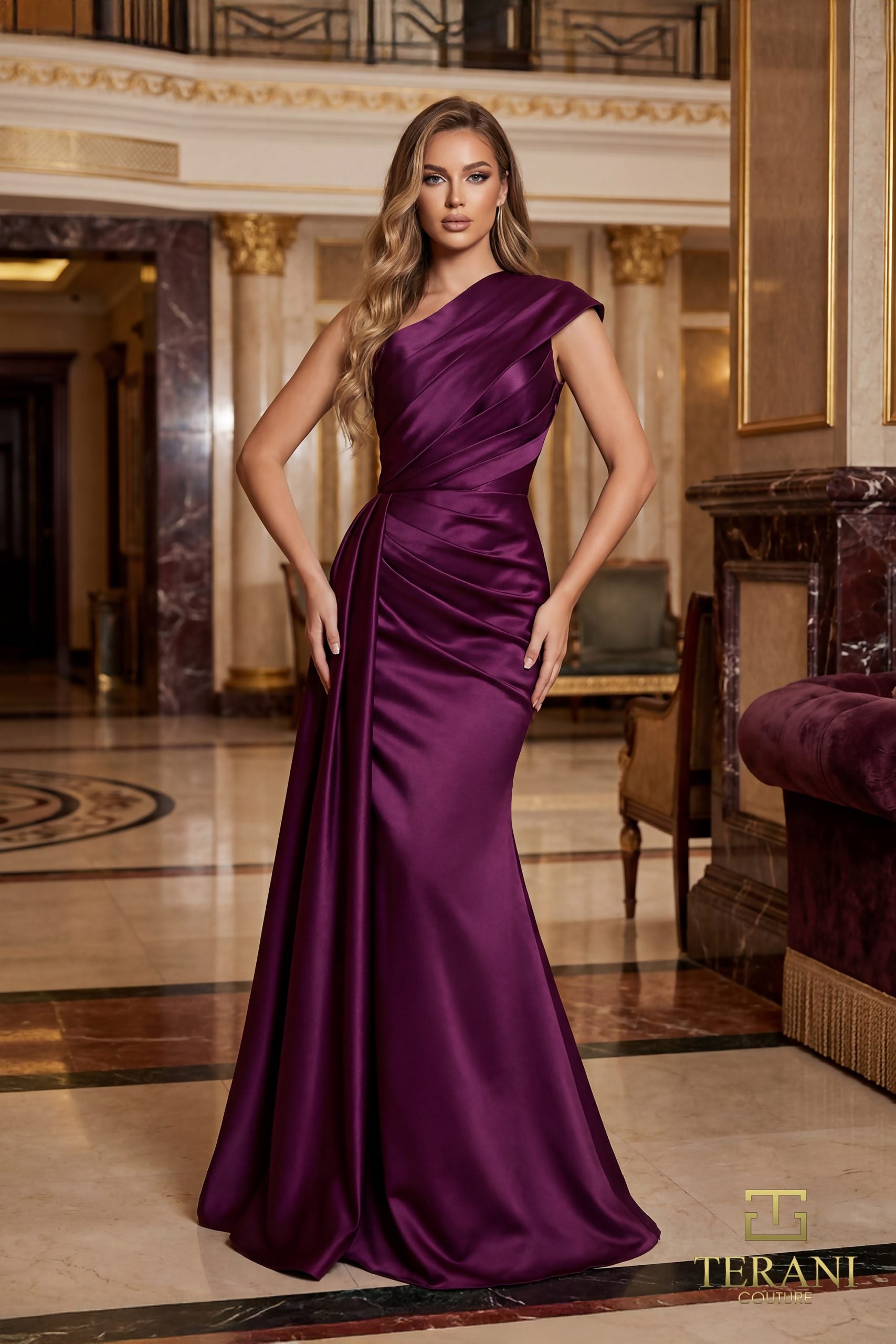Terani Couture 261M6411 - Ruched Bodice Asymmetric Evening Gown - detail view