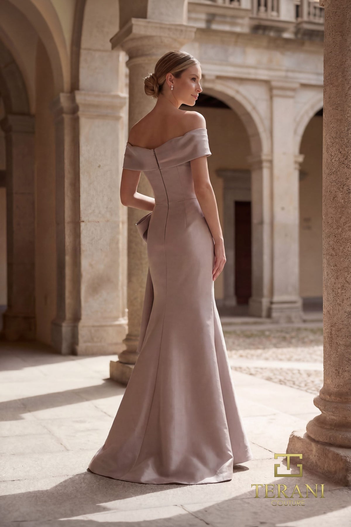 Terani Couture 261M6431 - Off Shoulder Front Drape Gown with Beading - view 11