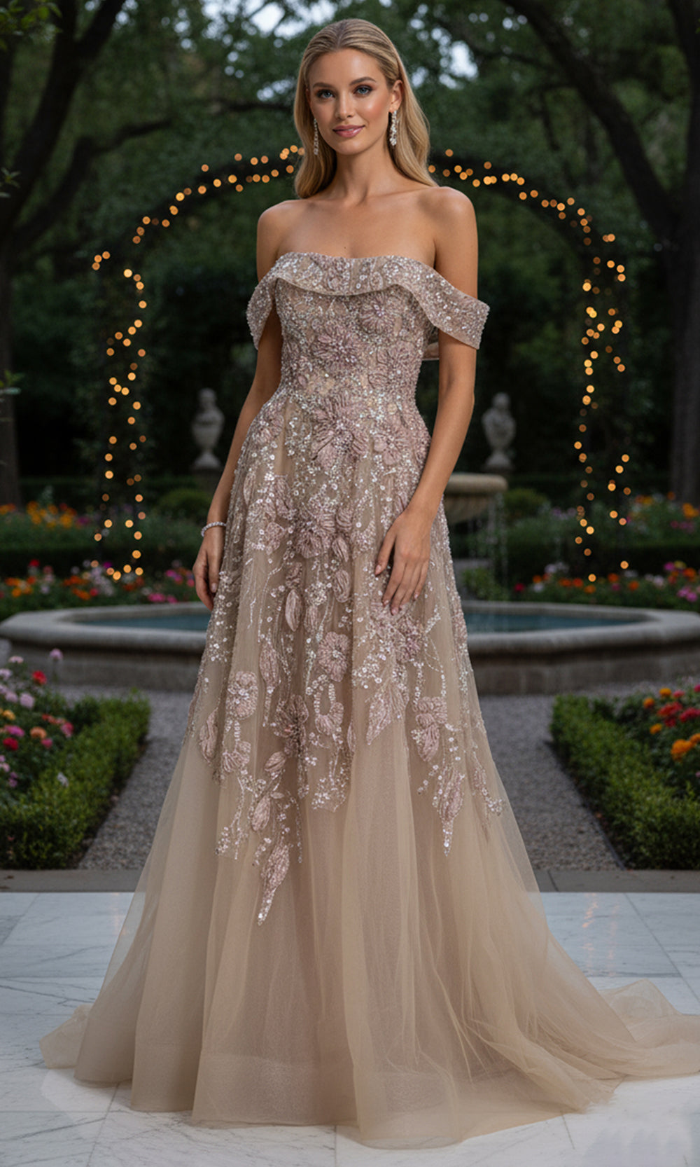 Terani Couture 261M6435 - Beaded Floral Off Shoulder Tulle Gown - back view