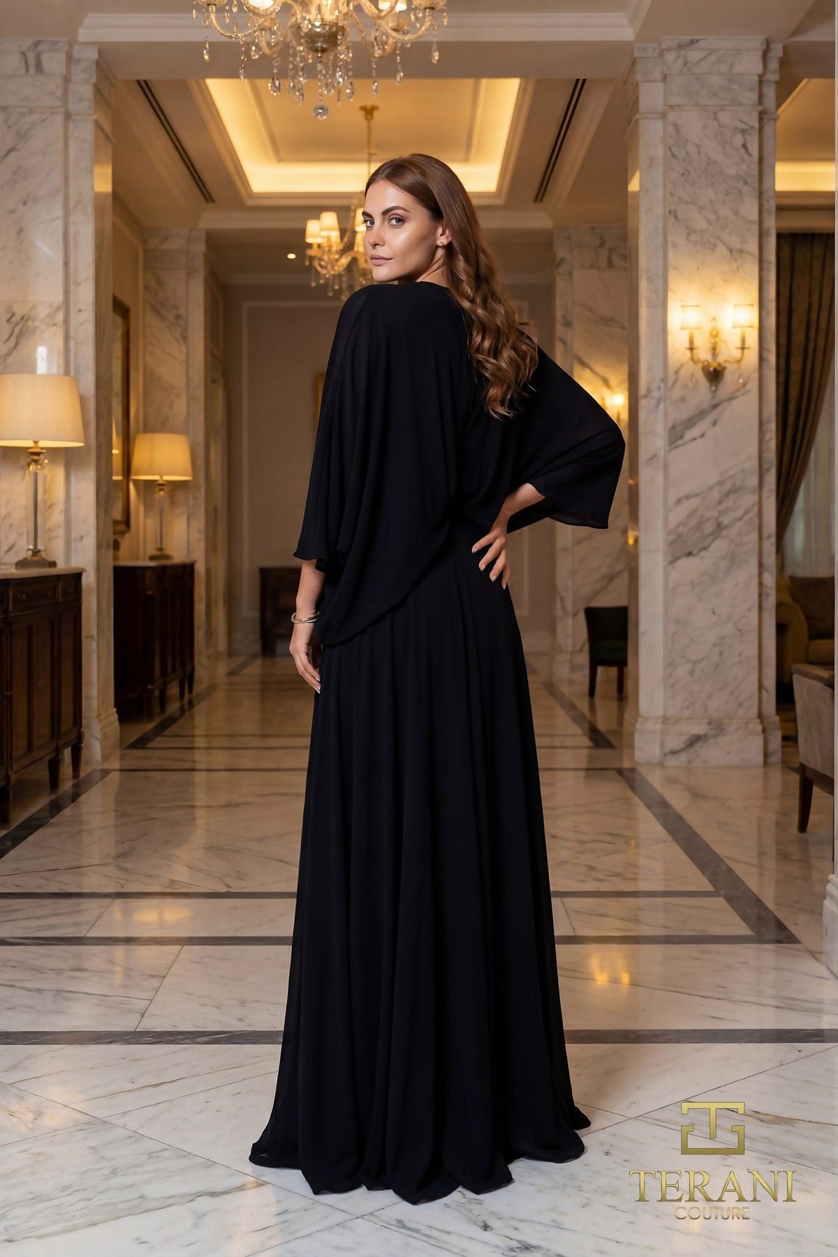 Terani Couture 261M6716 - Batwing Sleeve Georgette Flowy Gown - view 6