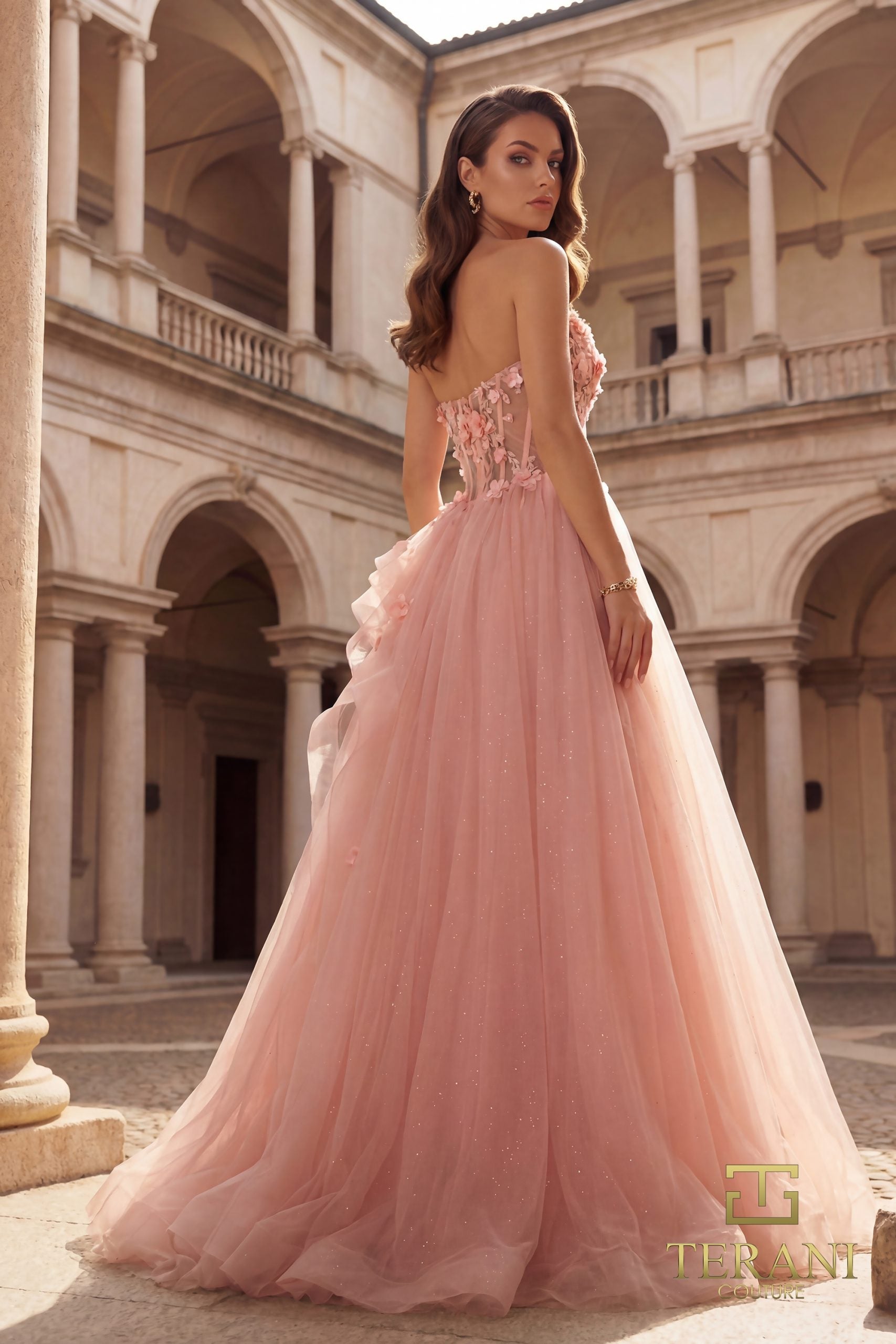 Terani Couture 261P6197 - Lace Applique Strapless Tulle Ballgown - detail view