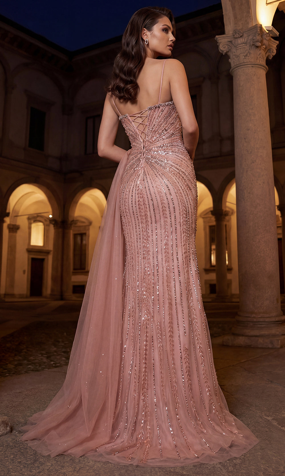 Terani Couture 262GL7515 - Lace-Up Back Linear Beaded Evening Gown
