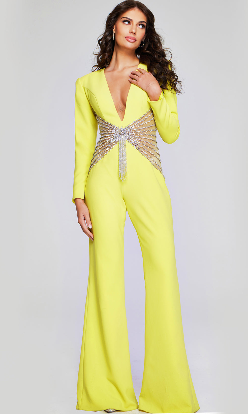 Jovani 26318 - Beaded Illusion Waist V-Neck Jumpsuit - detail view