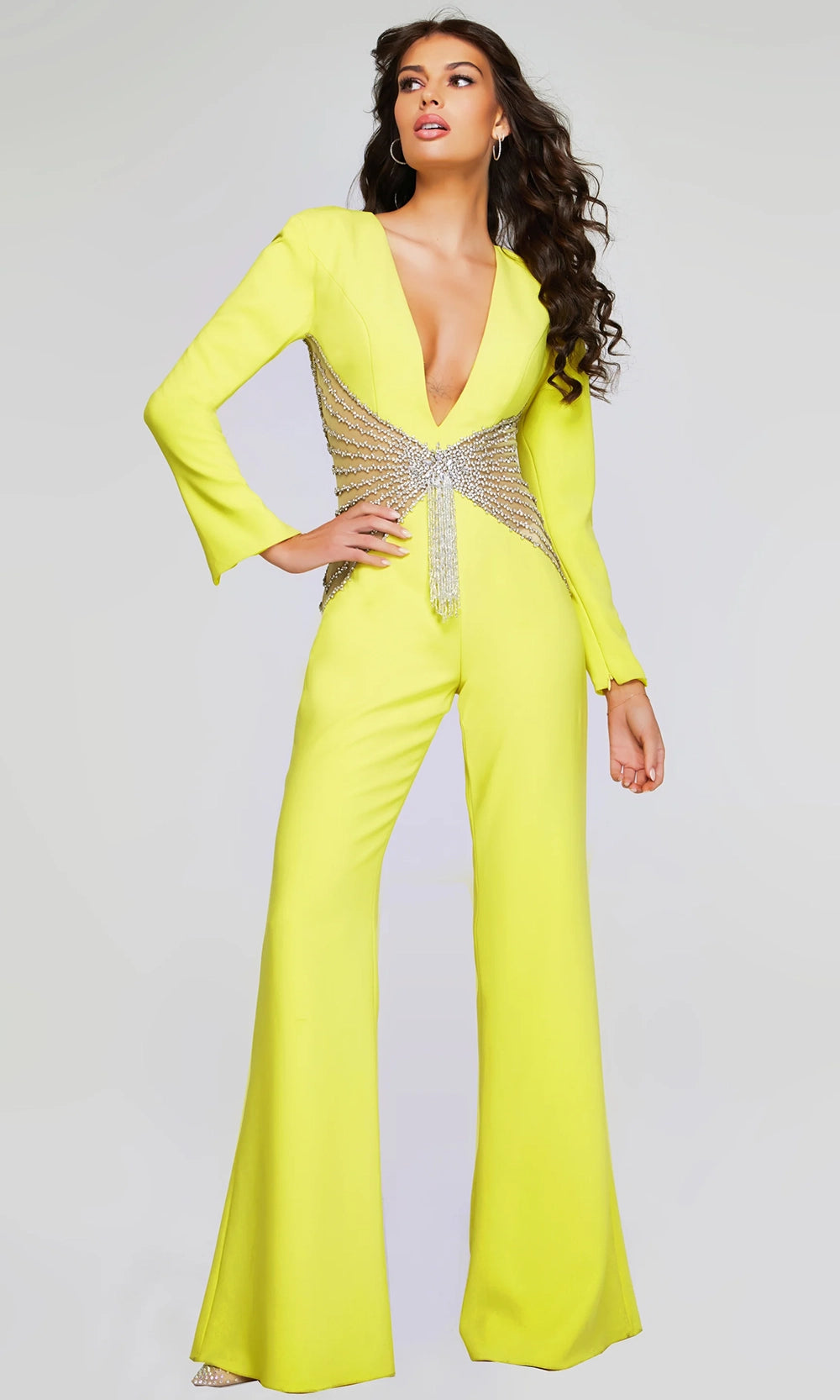 Jovani 26318 - Beaded Illusion Waist V-Neck Jumpsuit - designer formal jumpsuit at Silhouette Dresses