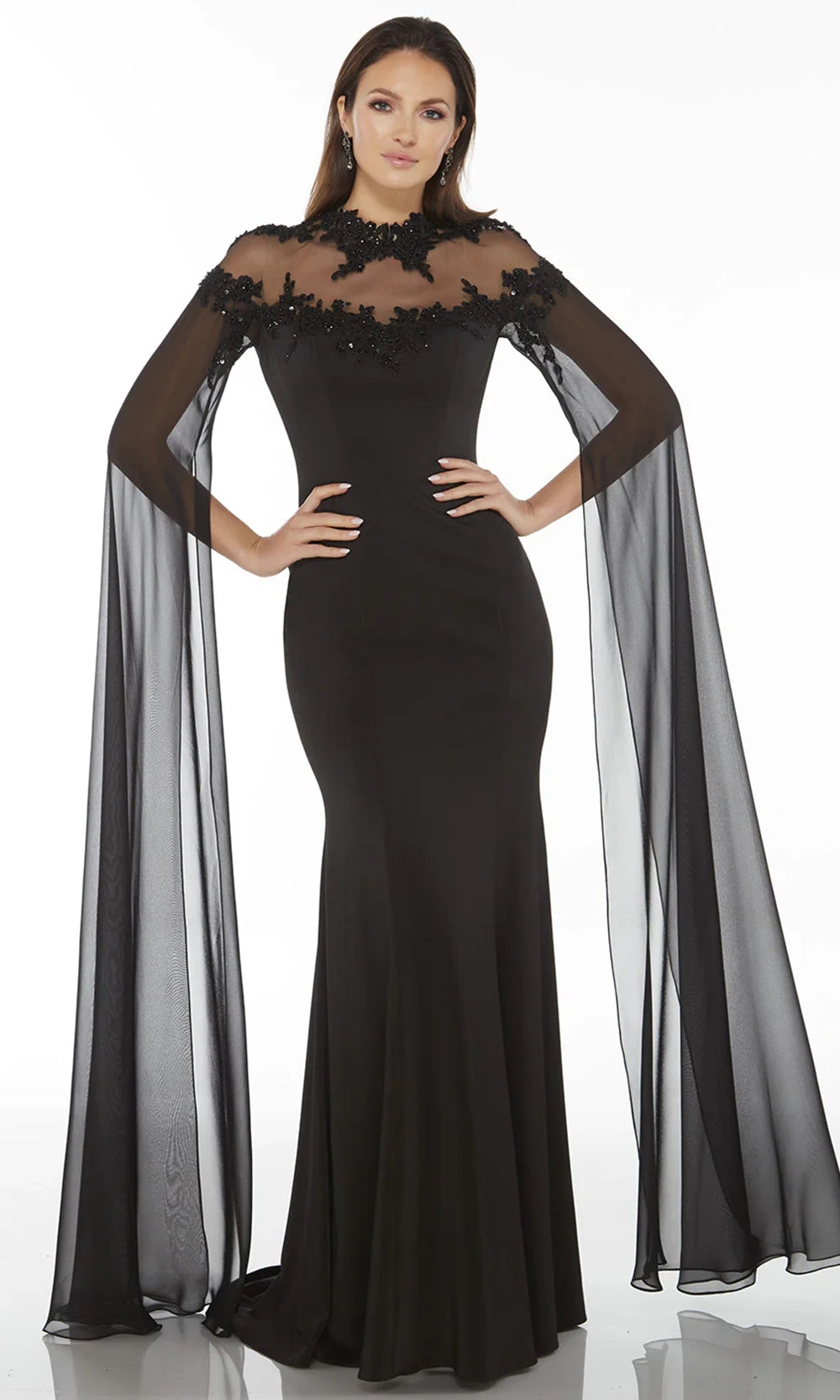 Alyce Paris 27173 - High Neck Crepe Dress with Cape Sleeves - detail view