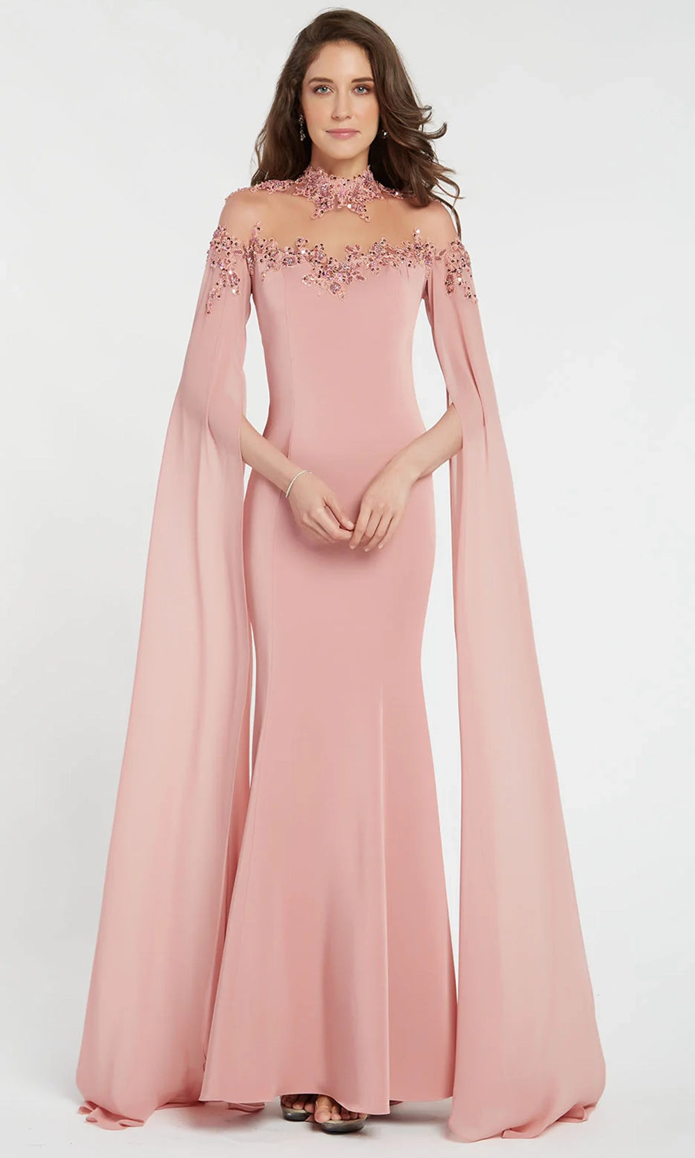 Alyce Paris 27173 - High Neck Crepe Dress with Cape Sleeves - designer mother of the bride dress at Silhouette Dresses