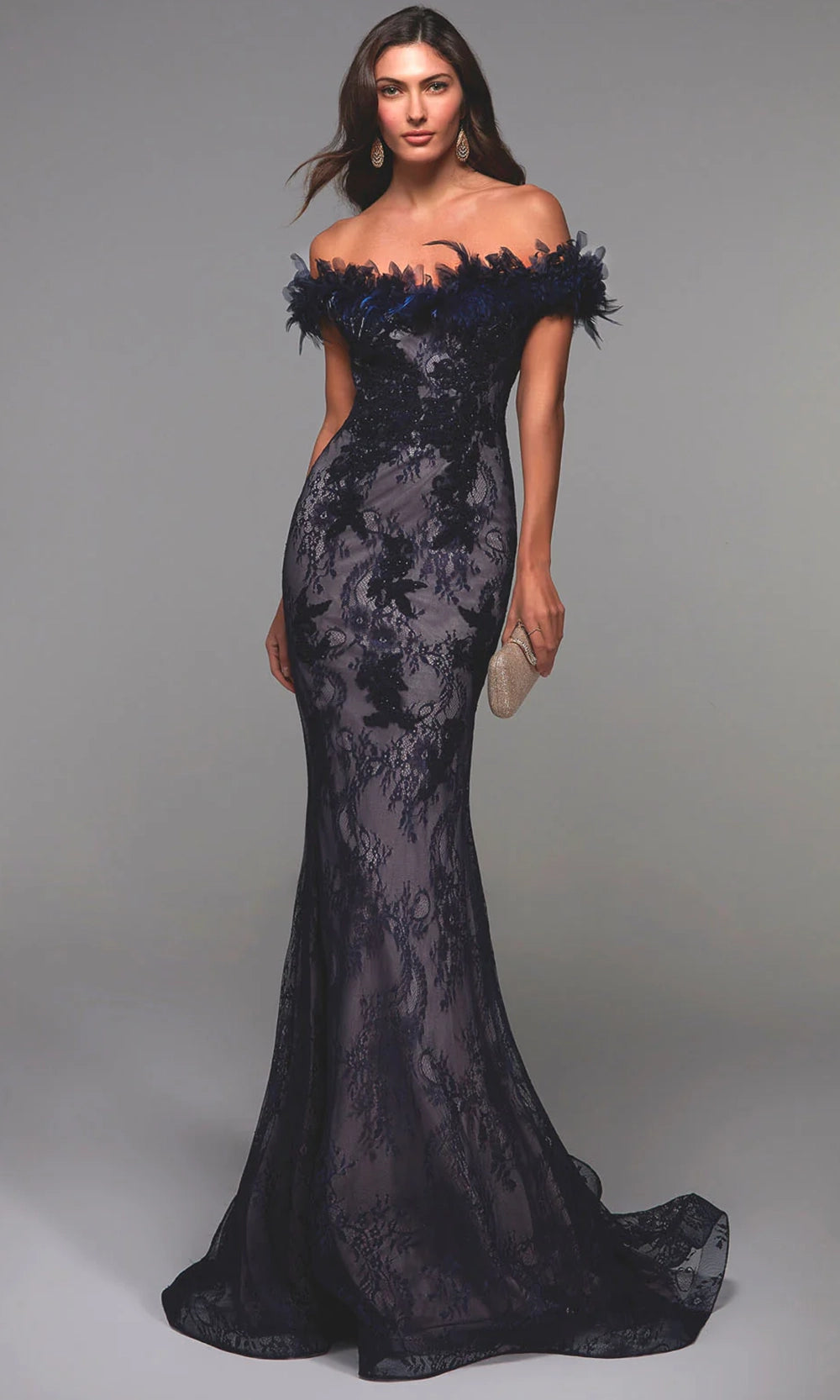 Alyce Paris 27490 - Off Shoulder Feather Lace Dress - designer evening gown at Silhouette Dresses