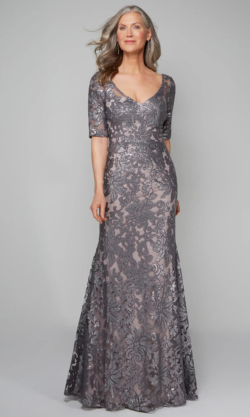 Alyce Paris 27497 - Short Sleeve Patterned Sequin Formal Gown - designer mother of the bride dress at Silhouette Dresses