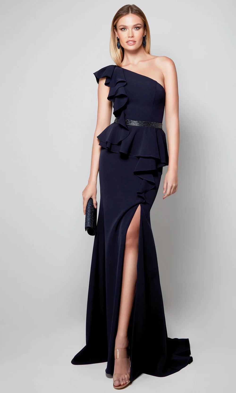 Alyce Paris 27577 - One Shoulder Ruffle Gown with Slit - designer evening gown at Silhouette Dresses