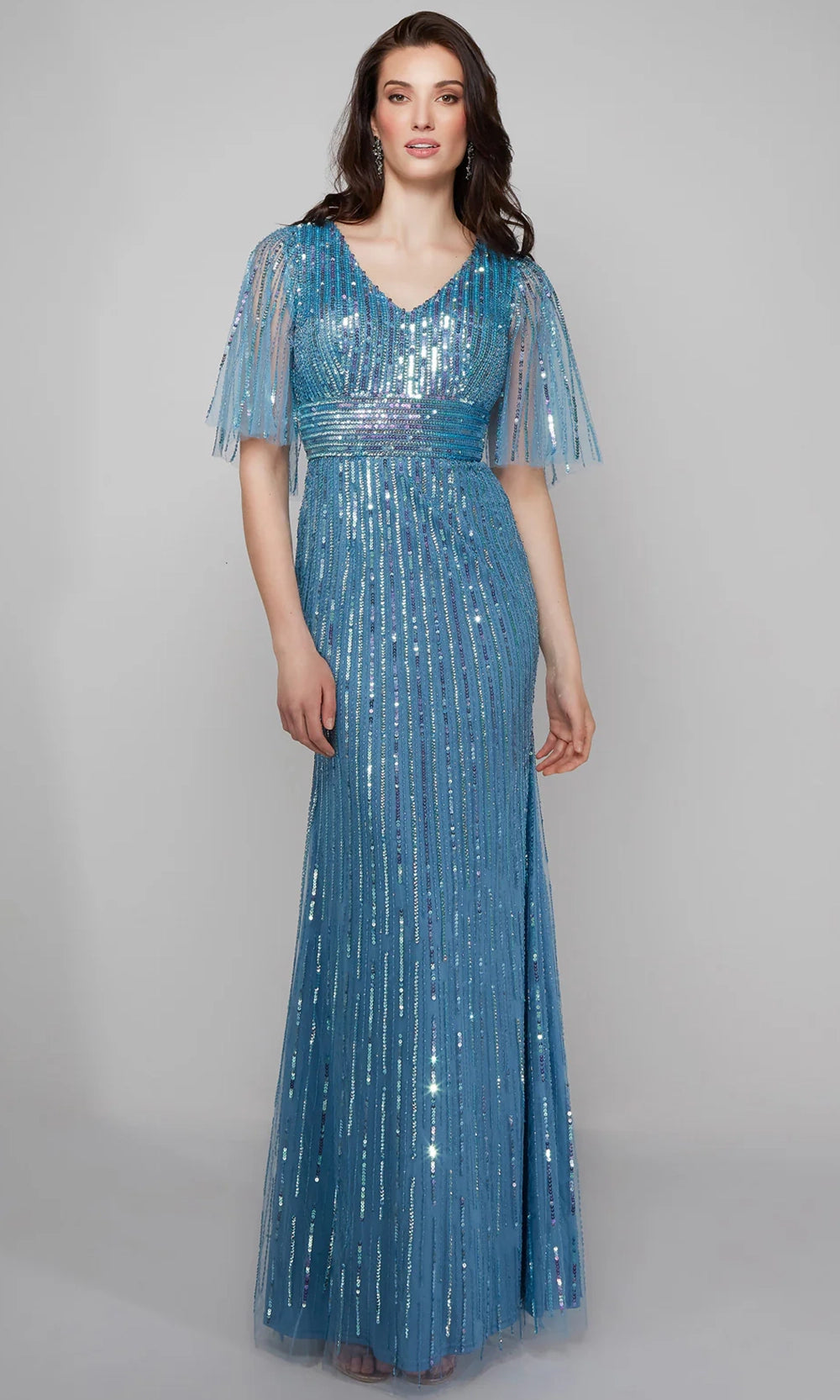 Alyce Paris 27599 - Linear Beaded Flutter Sleeves Dress - detail view