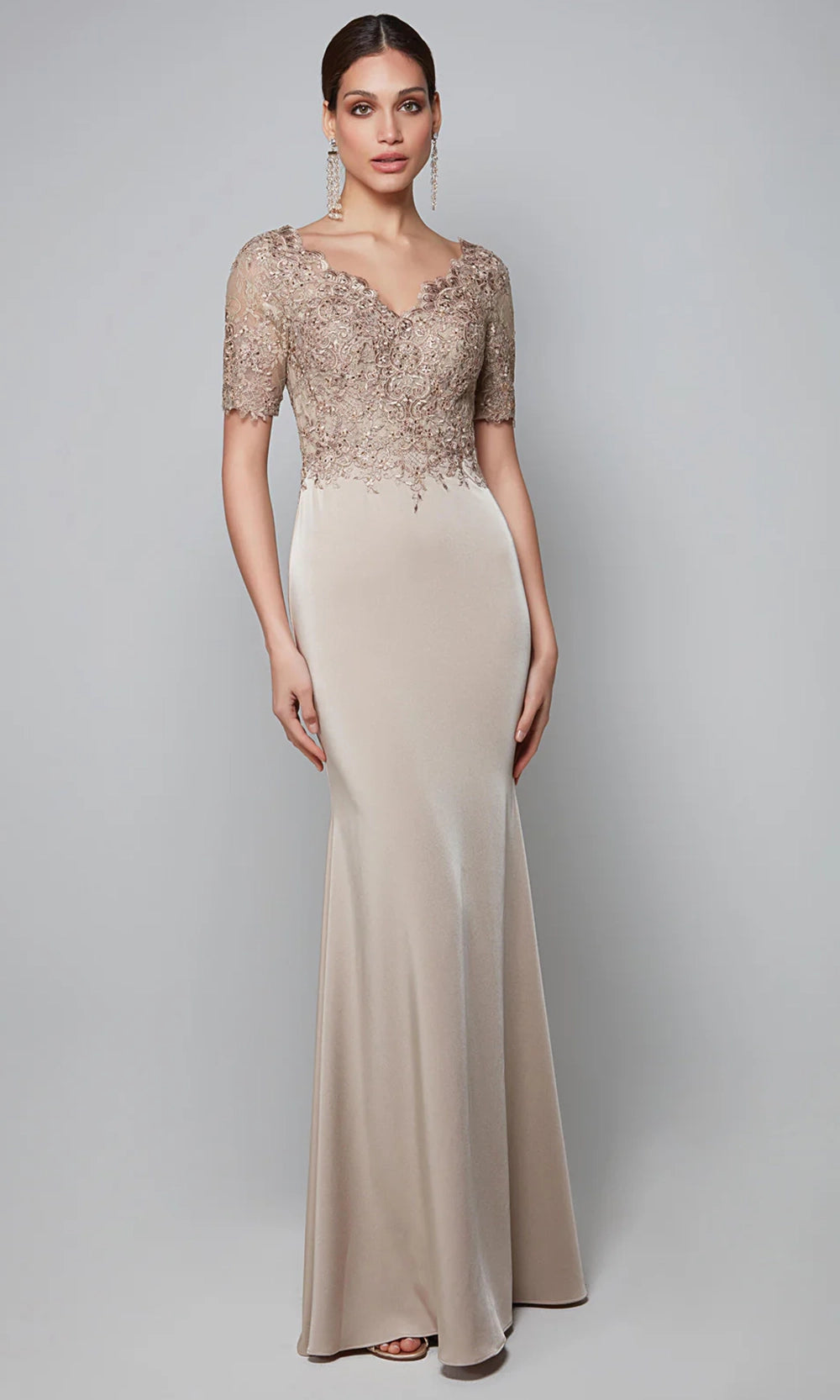 Alyce Paris 27615 - Beaded Lace Short Sleeve Crepe Dress - designer formal gown at Silhouette Dresses