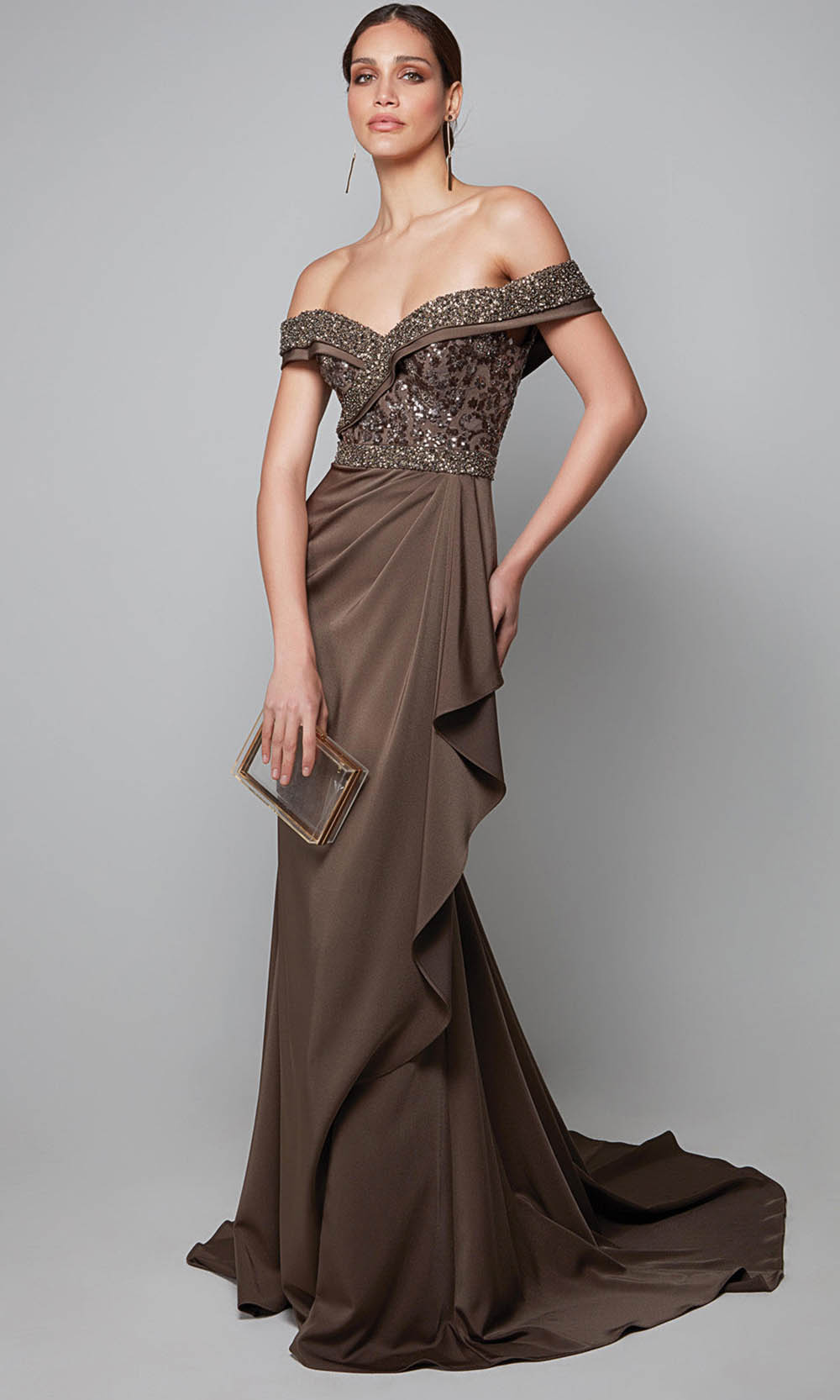 Alyce Paris 27619 - Beaded Top Off Shoulder Draped Dress - designer formal gown at Silhouette Dresses