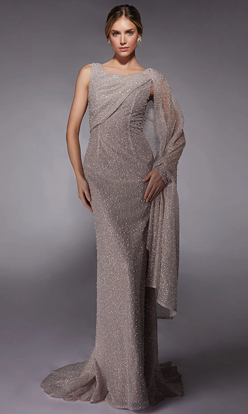 Alyce Paris 27772 - Draped Cape Beaded Glitter Tulle Gown - back view
