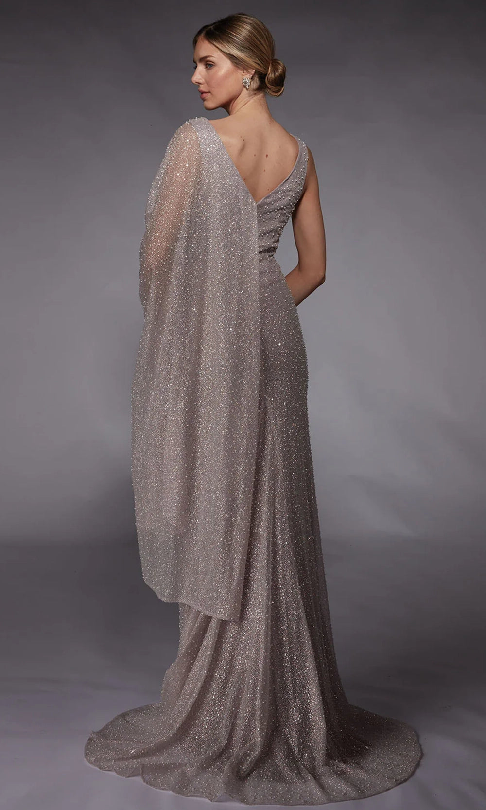 Alyce Paris 27772 - Draped Cape Beaded Glitter Tulle Gown - detail view