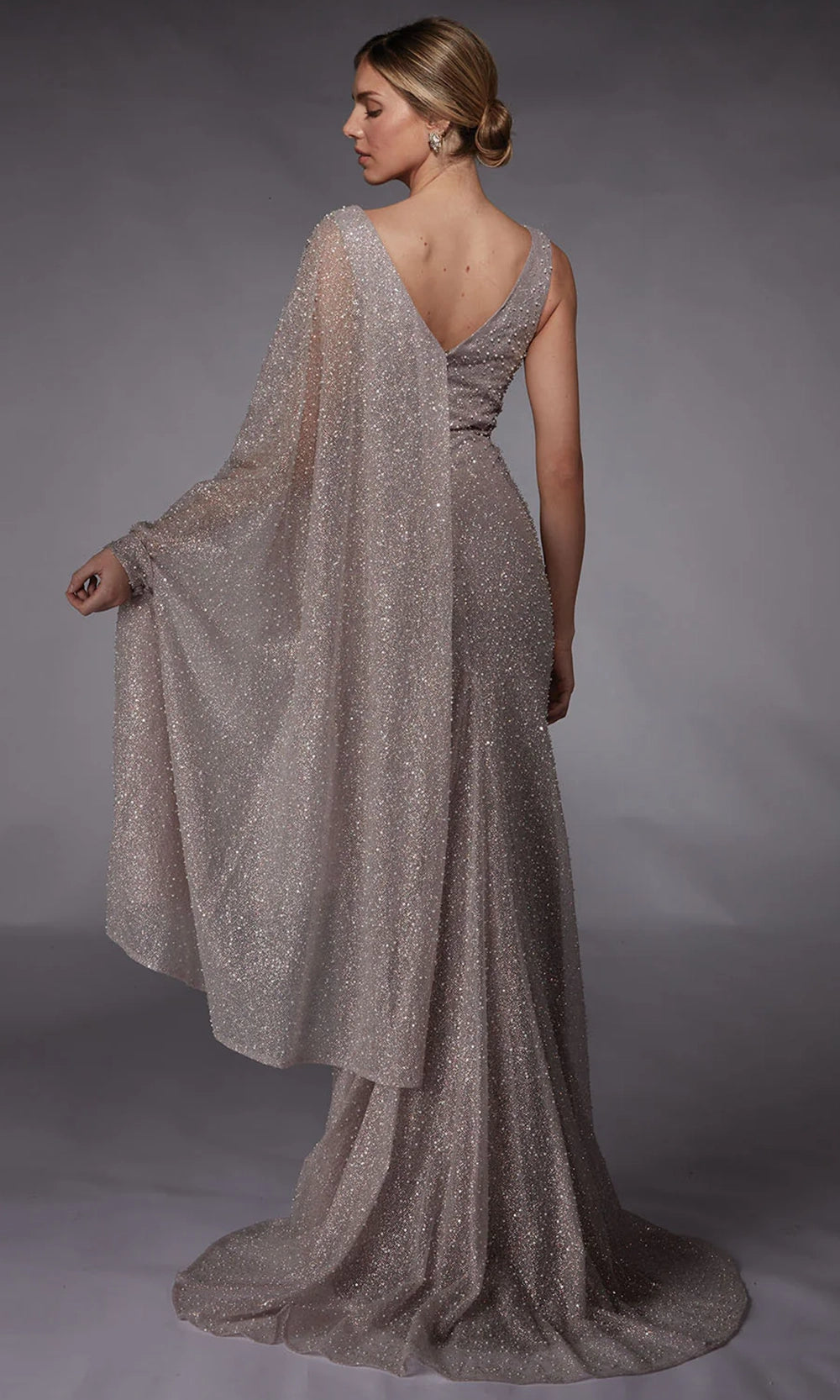Alyce Paris 27772 - Draped Cape Beaded Glitter Tulle Gown - view 4