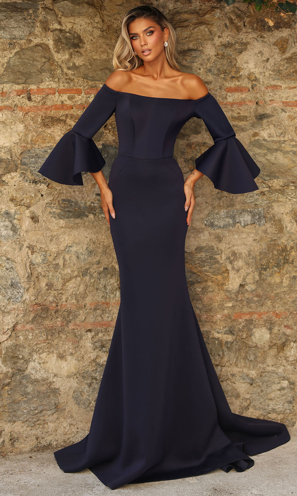 Alyce Paris 27777 - Off-Shoulder Mermaid Gown with Flounce Sleeves - back view