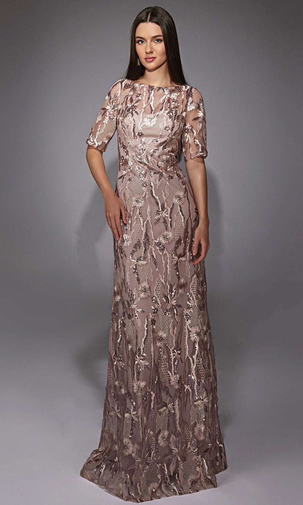Alyce Paris 27819 - Sequin Floral Illusion Sleeve Gown - designer mother of the bride dress at Silhouette Dresses