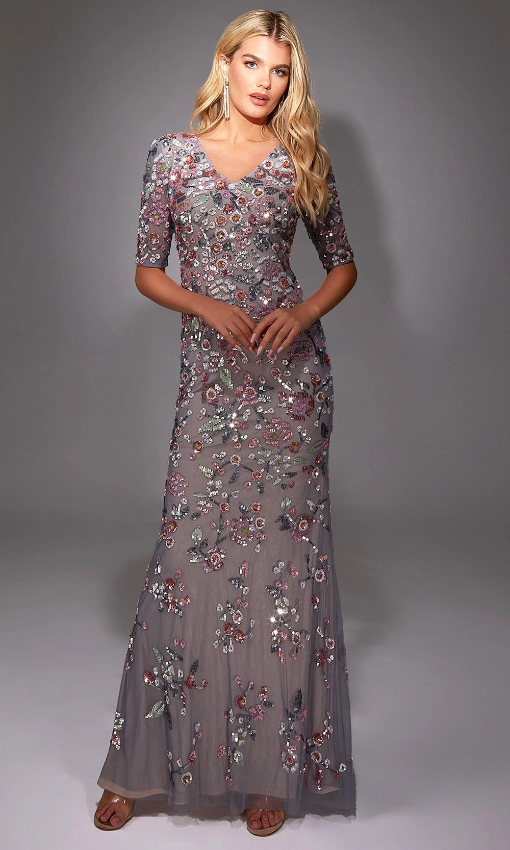 Alyce Paris 27848 - Floral Applique Illusion Evening Gown - detail view