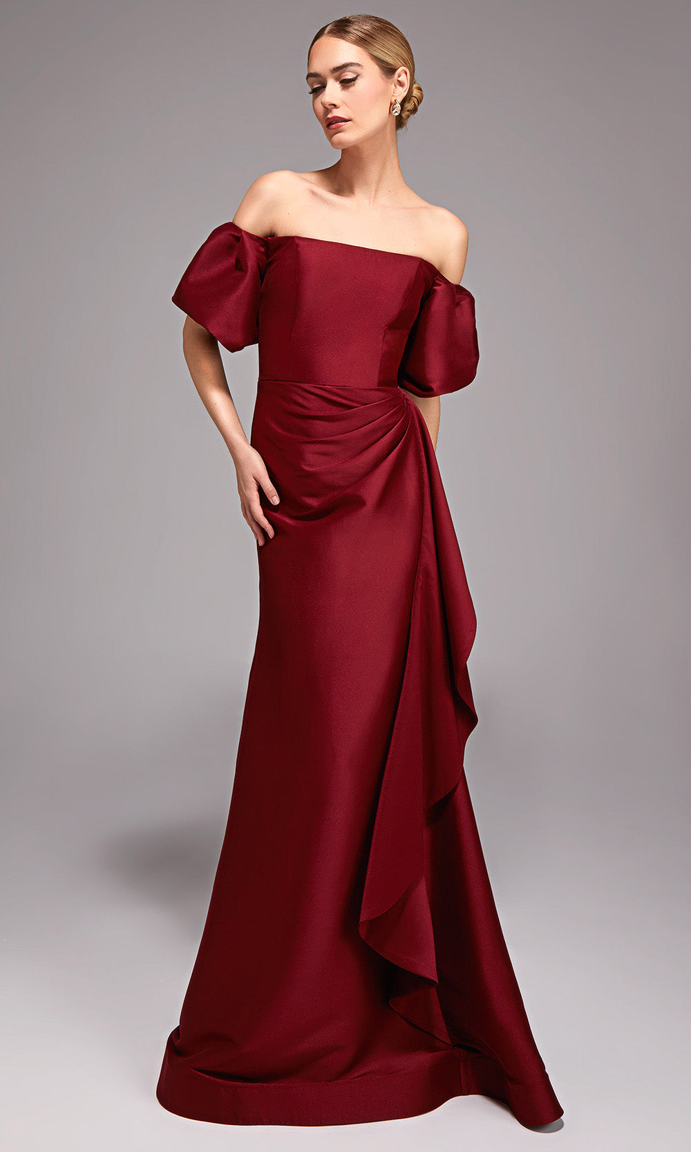 Alyce Paris 27863 - Short Puff Sleeve Draped Mikado Gown - designer formal gown at Silhouette Dresses