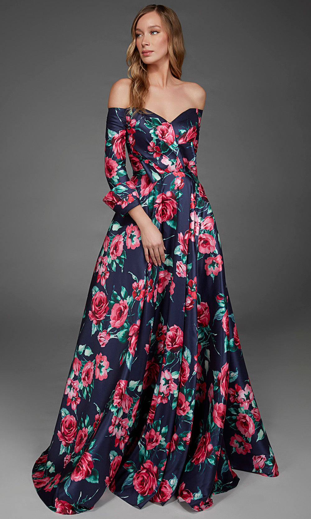 Alyce Paris 27910 - Floral Print Three-Quarter Sleeve Evening Gown