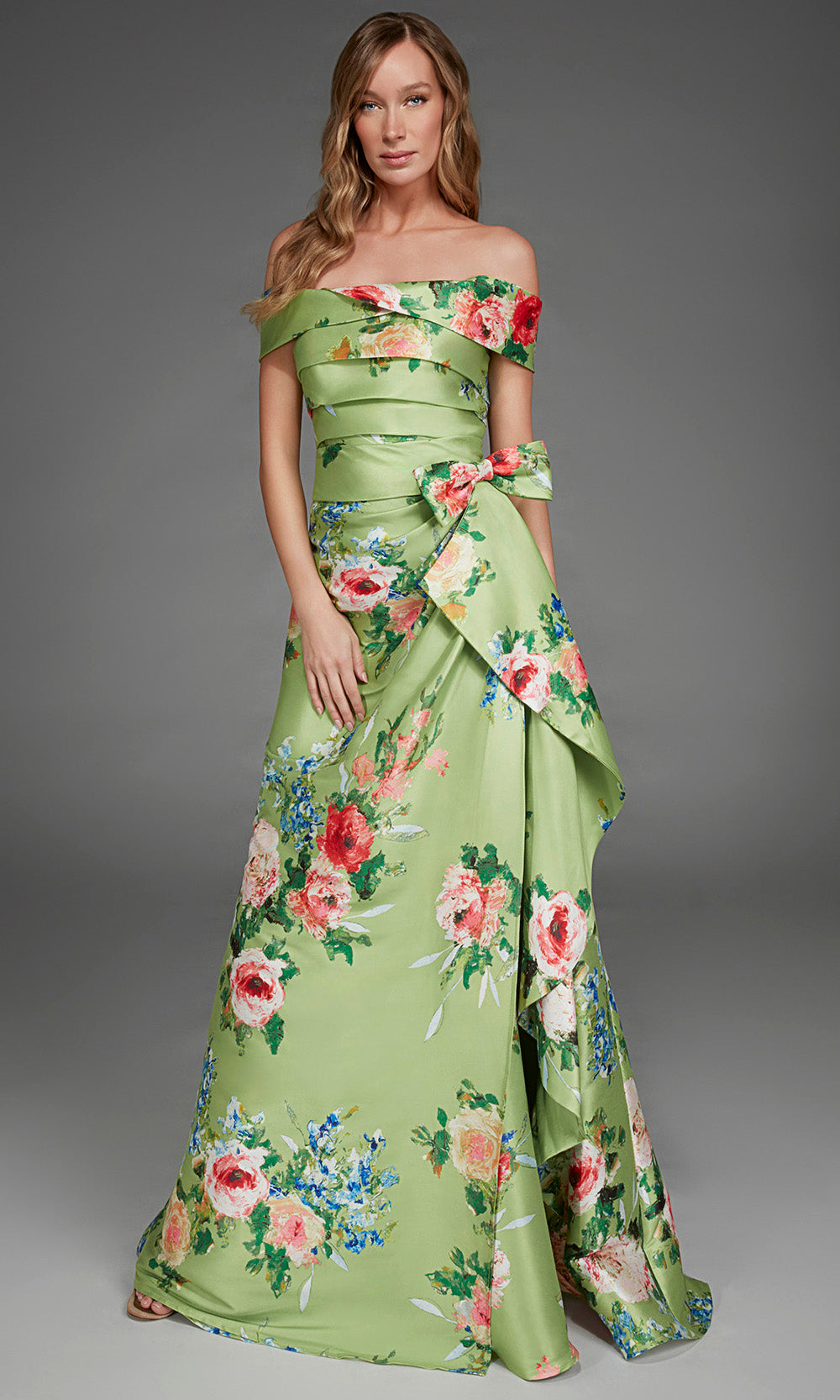 Alyce Paris 27915 - Floral Print Pleated Long Gown with Bow