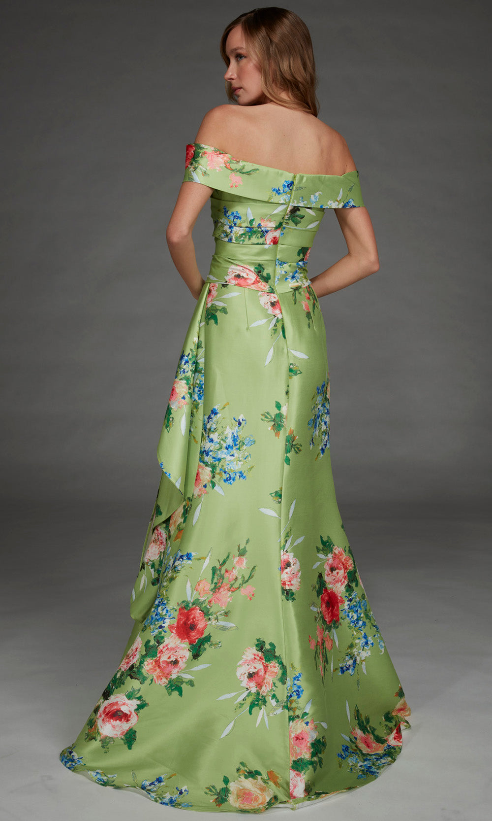 Alyce Paris 27915 - Floral Print Pleated Long Gown with Bow