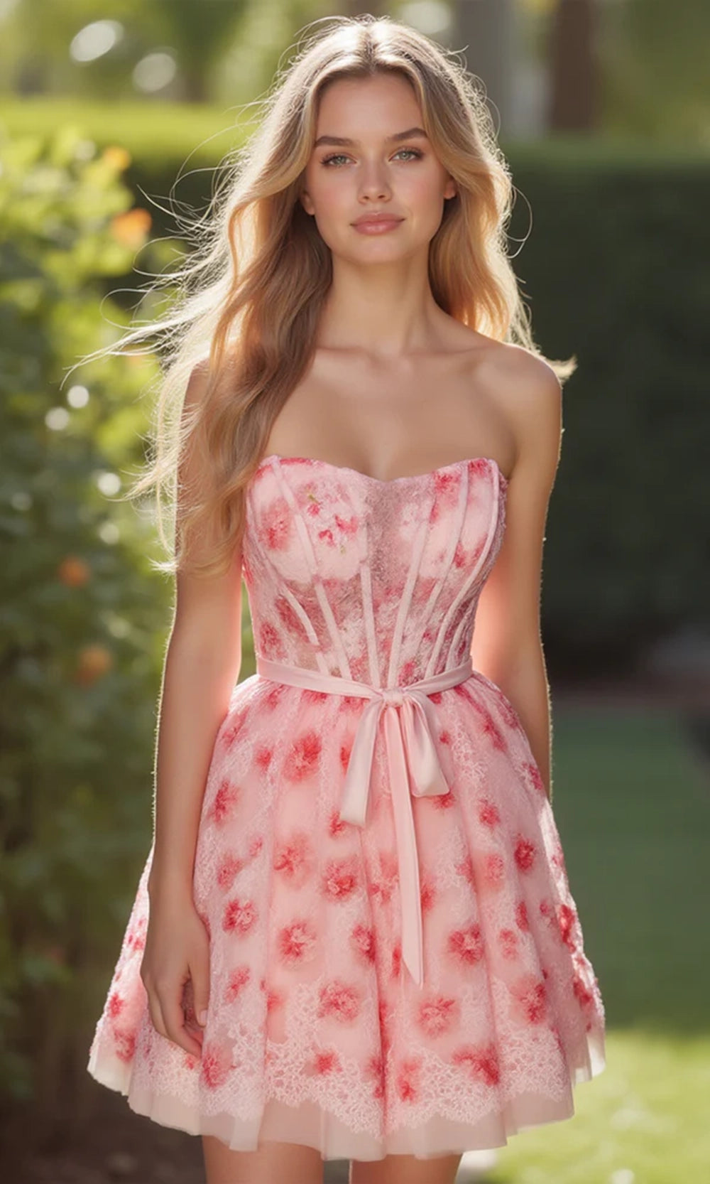 Alyce Paris 30019 - Strapless Floral Lace Corset Mini Dress - detail view