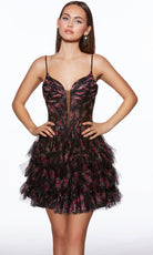 Alyce Paris 30078 - Floral Print Corset V-Neck Mini Dress - designer homecoming dress at Silhouette Dresses