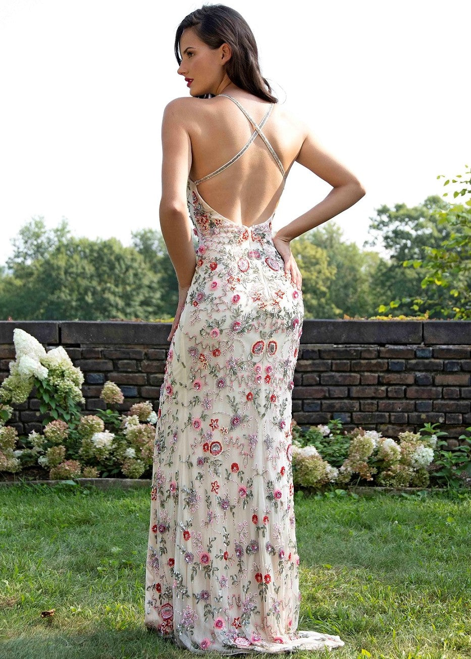 Primavera Couture - 3073 Beaded V-neck Sheath Dress With Slit