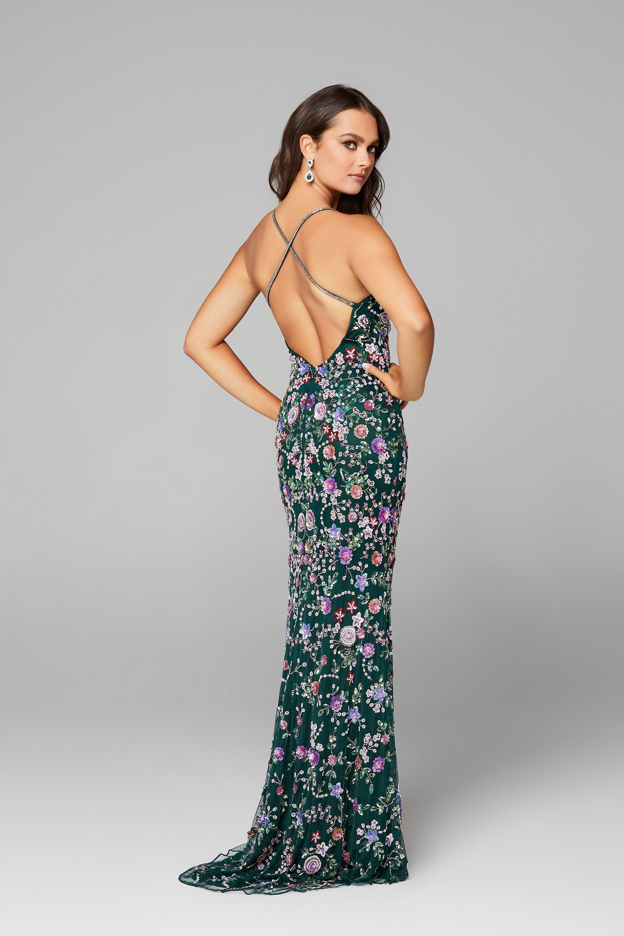 Primavera Couture - 3073 Beaded V-neck Sheath Dress With Slit