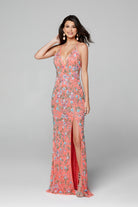 Primavera Couture - 3073 Beaded V-neck Sheath Dress With Slit