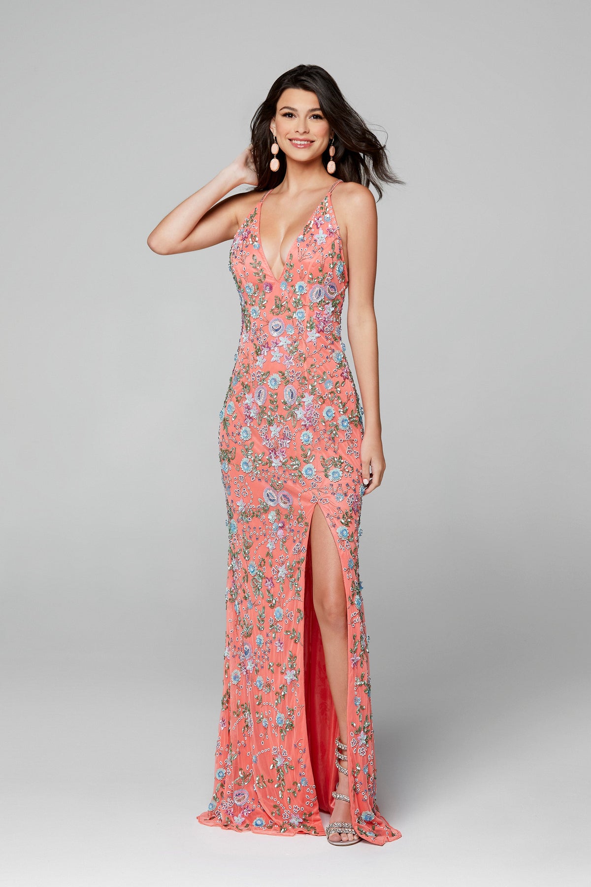 Primavera Couture - 3073 Beaded V-neck Sheath Dress With Slit