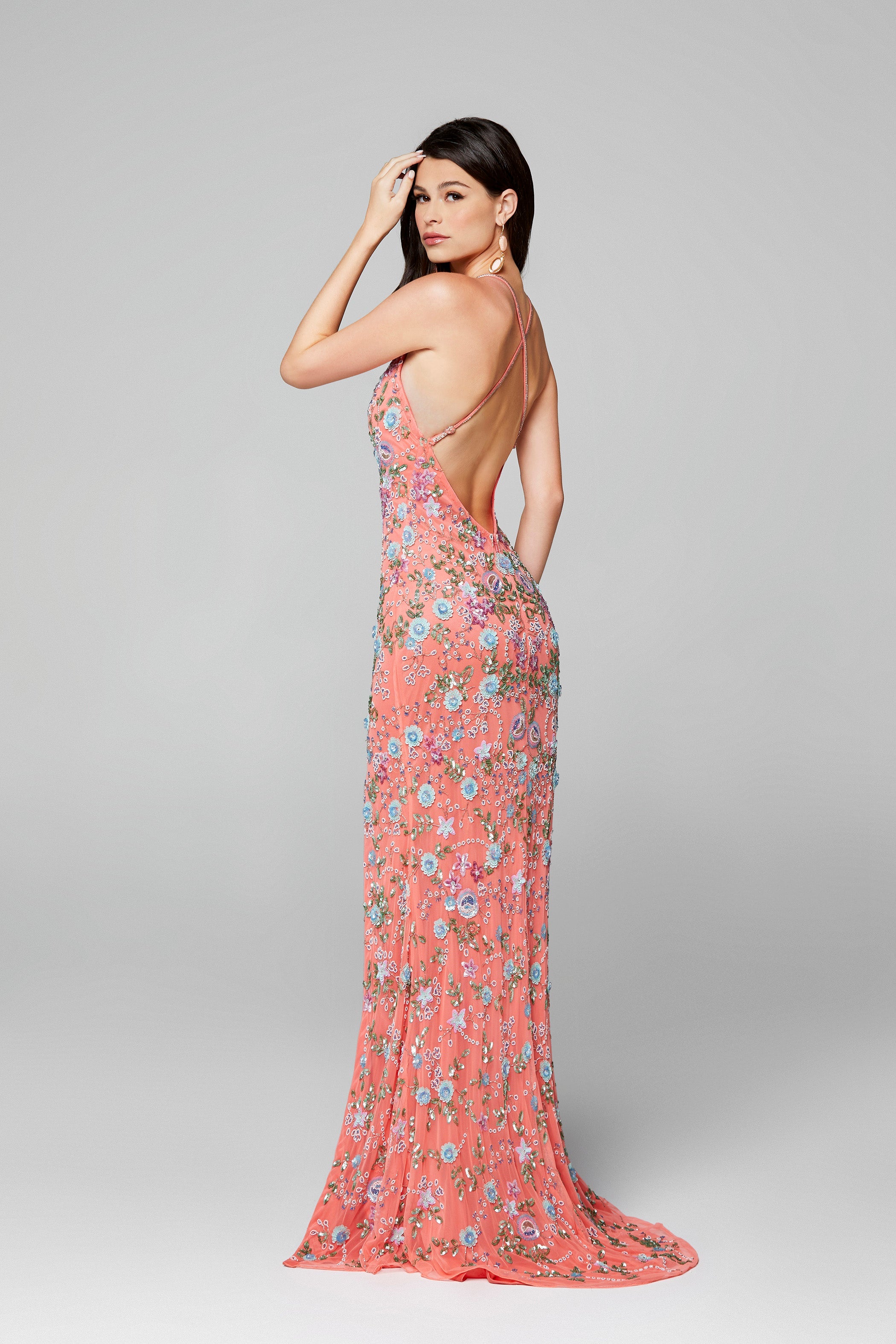Primavera Couture - 3073 Beaded V-neck Sheath Dress With Slit