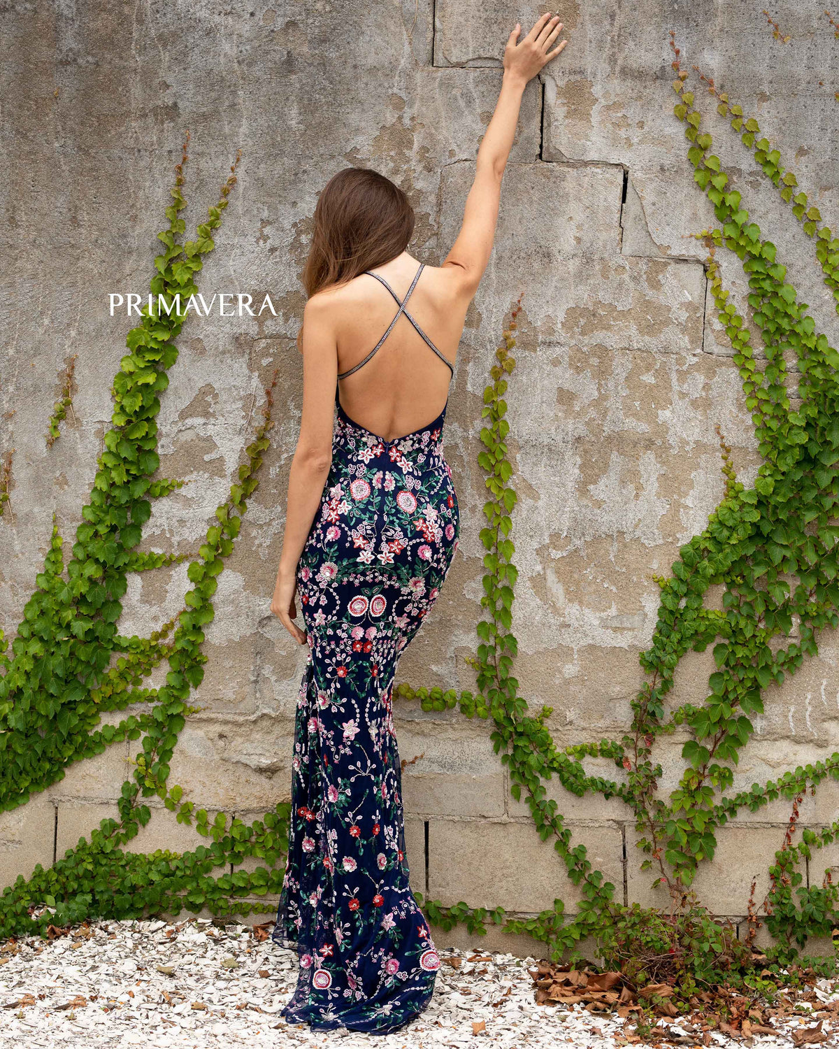 Primavera Couture - 3073 Beaded V-neck Sheath Dress With Slit